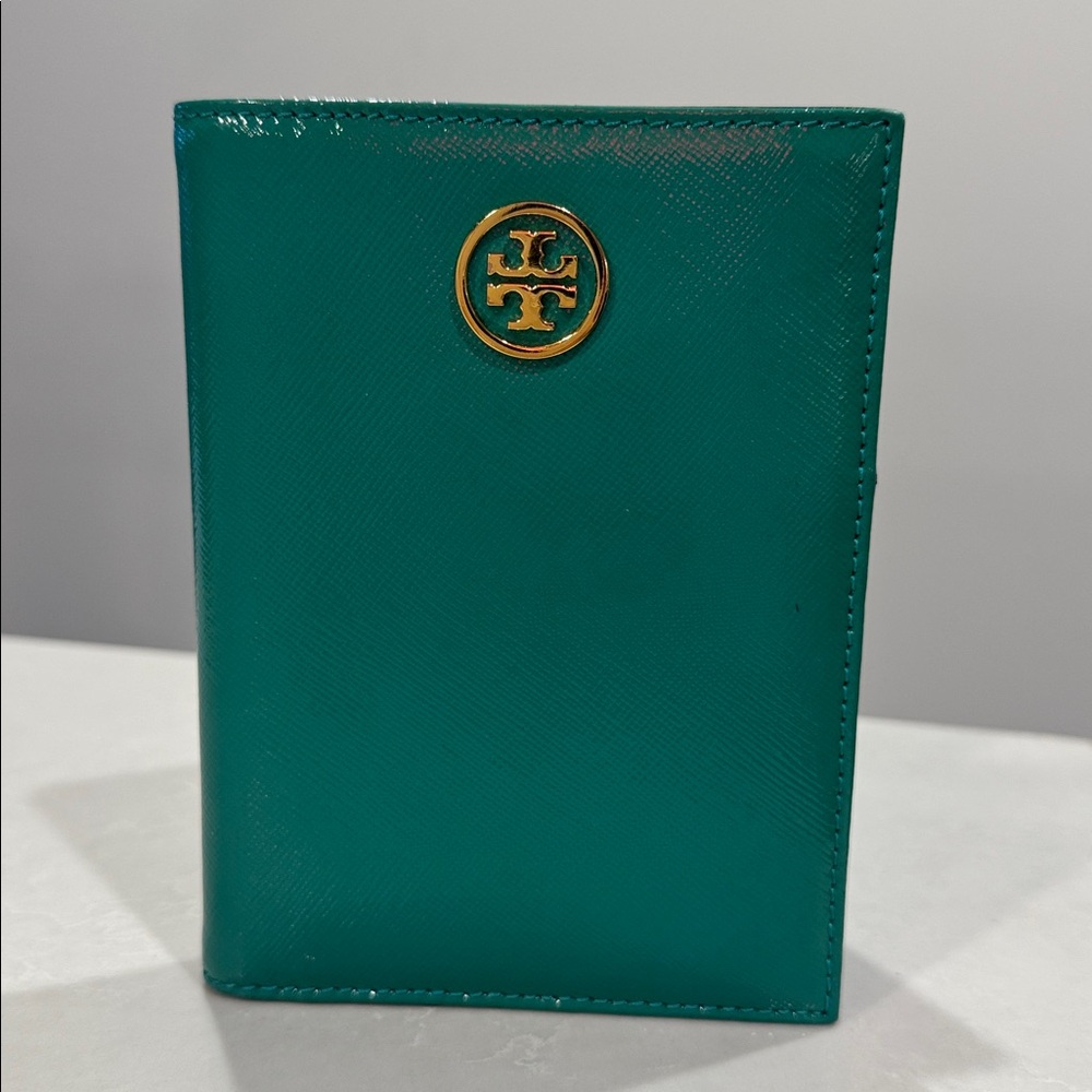 Tory Burch Teal Passport Holder with Gold Logo